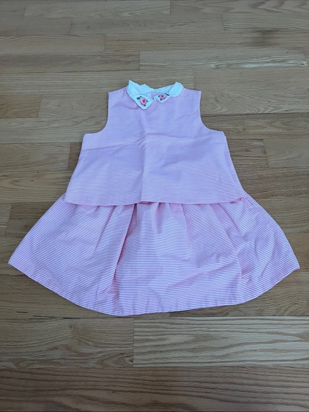 Kids Sleeveless Pink & White Striped Top with Embroidered Collar